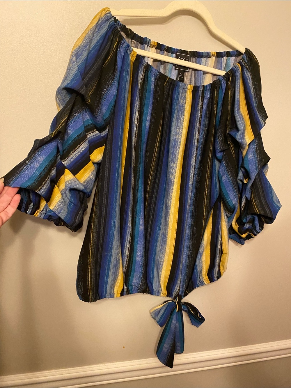 Coco Bianco Blue, Yellow & Black Striped Off-Shoulder Blouse